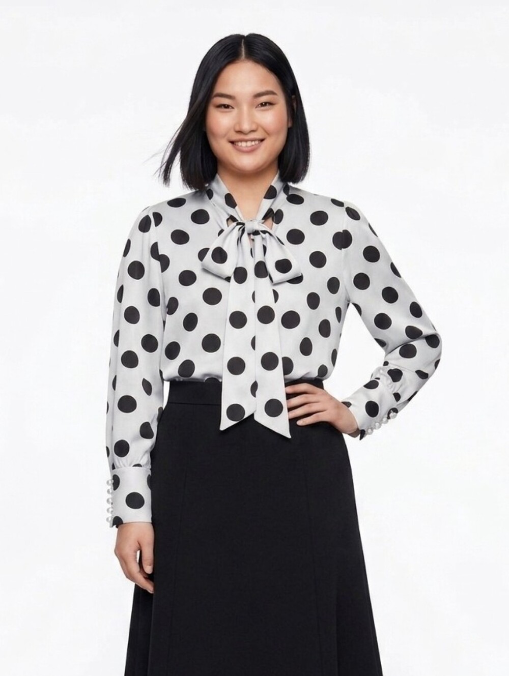 XL Zara Black and White Polka Dot Tie-Neck Blouse With Pearl Cuffs - Picture 2 of 12